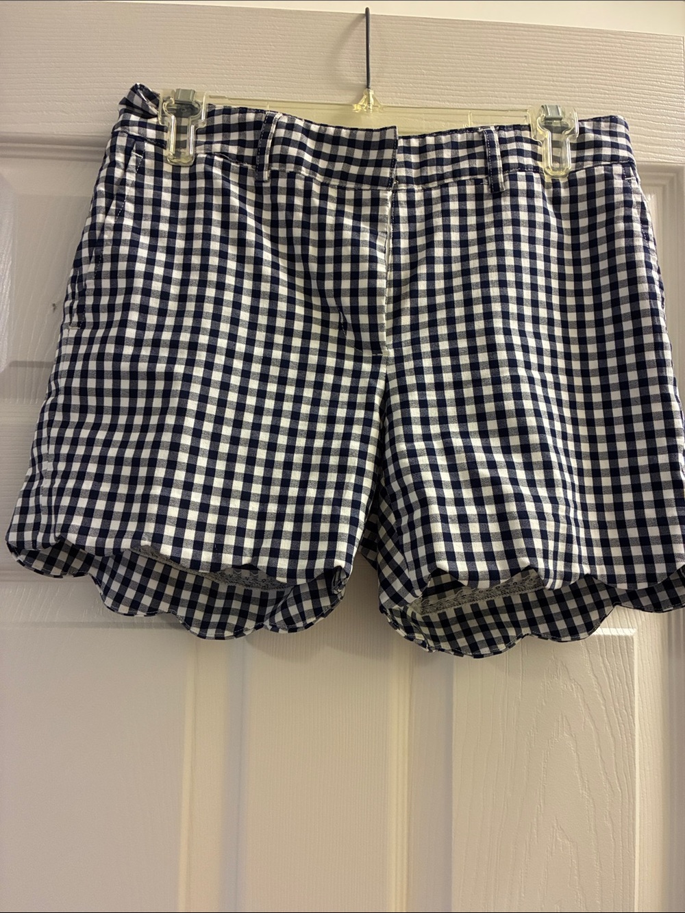 J. McLaughlin Navy and White Gingham Scallop-Hem High Waist Shorts